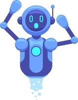Surprised floating robot with arms raised, propelling through the air using a jetpack, showcasing a sense of amazement and embodying futuristic technology and innovation vector