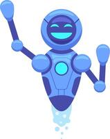 Cartoon illustration of a cheerful blue robot waving and flying propelled by boosters, embodying the concept of friendly and helpful artificial intelligence vector