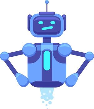 Cartoon illustration of a blue robot flying and looking confused with arms akimbo, featuring a perplexed facial expression and a jetpack propelling it forward vector