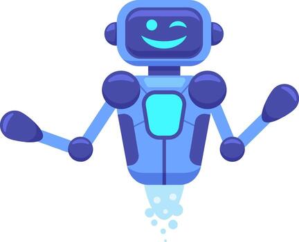Blue and cyan colored friendly robot winking and greeting with arms open, floating and leaving a trail of smoke or gas behind it, isolated on white background vector