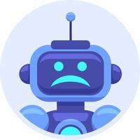 Blue robot with a sad face is the subject of this illustration, conveying a sense of disappointment or malfunction within a minimalist, circular composition vector