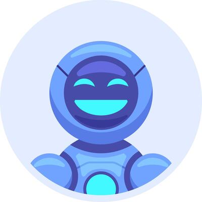 Cartoon illustration of a happy smiling friendly robot with glowing eyes and mouth showing happiness and kindness, in a round frame with a light blue background