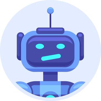 caricaturesco azul robot demostración escéptico expresión en circular marco, ideal para ilustrando conceptos relacionado a artificial inteligencia, tecnología, y innovación vector