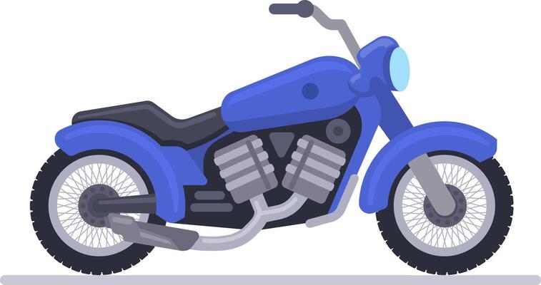 Powerful blue chopper motorcycle featuring a sleek black seat and chrome exhaust pipes, capturing the essence of freedom and adventure against a clean white background