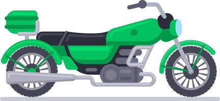 Green motorcycle with trunk standing on white background representing delivery, transportation, freedom, adventure, and style, perfect for projects related to travel, leisure, and urban mobility vector