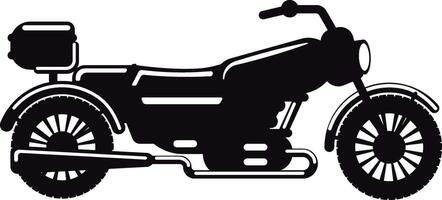 Classic motorcycle silhouette featuring a sidecar with a trunk on top, exhaust pipes, and large wheels, ideal for transportation or travel related designs vector