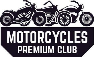 Stylish monochrome logo for a premium motorcycles club, featuring three classic motorcycles parked side by side, conveying a sense of camaraderie and exclusivity vector