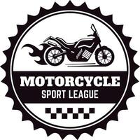 Black and white circular logo representing a motorcycle sport league, featuring a racing motorbike speeding with flames and a checkered flag vector