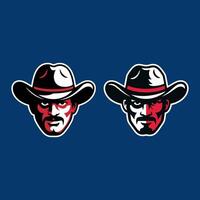 Two Cowboy Head Mascots with Hats and Mustaches in Red, Black, and White on a Blue Background vector