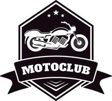 Motorcycle club logo showcasing a classic motorbike within a hexagonal frame, adorned with three stars and a ribbon bearing the inscription motoclub, ideal for motorcycle enthusiasts and clubs vector