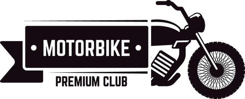 Stylish motorbike premium club logo showcasing classic motorcycle silhouette with ribbon banner and bold typography, perfect for branding and identity vector