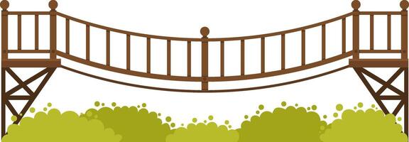 Simple illustration of a curved wooden suspension bridge crossing over some green bushes on plain white background, ideal for architectural projects or nature illustrations vector