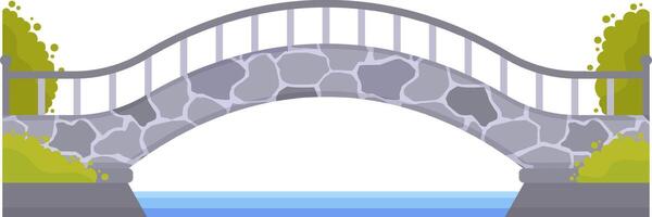 Small stone bridge crossing calm blue water, featuring a metal railing and surrounded by lush bushes, creating an ideal setting for relaxing walks in a peaceful park vector