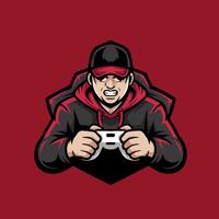 Intense and Focused Gamer Mascot in a Hoodie and Cap Holding a Controller, Ideal for Esports Logos, Gaming Channels, or Online Streamer Branding vector