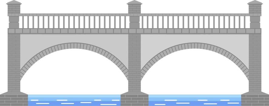 Stone bridge with two arches crossing a river with railing and pillars on a white background representing urban infrastructure and transportation vector