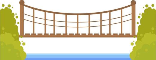 Simple flat style illustration of a wooden suspension bridge crossing a river surrounded by green vegetation, ideal for nature, travel, or adventure related projects vector