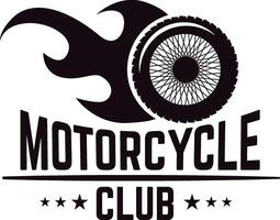 Black and white logo featuring a flaming motorcycle wheel and the words motorcycle club with three stars, ideal for motorcycle enthusiasts and clubs vector