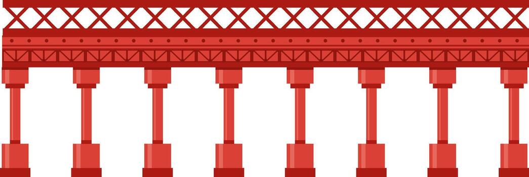 Seamless horizontal illustration of a red railway bridge extending into the distance, supported by a series of pillars and featuring a metal framework vector