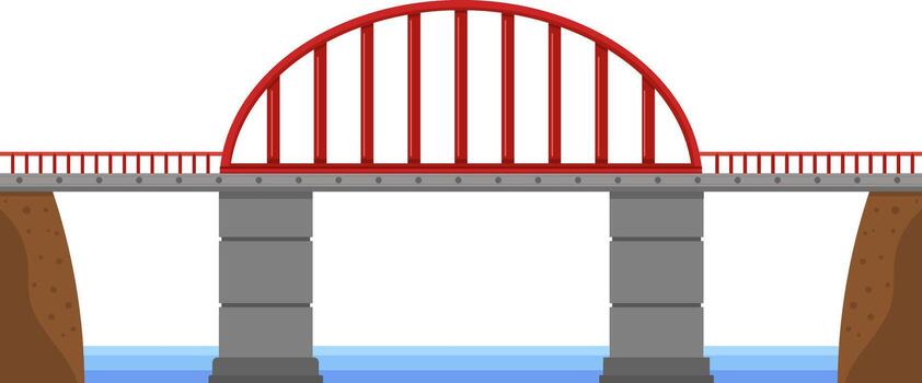 Red arch bridge with concrete pillars and side rails connecting two shores over water, representing infrastructure, transportation, connection, and engineering vector