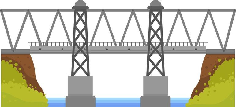 Cantilever bridge featuring a robust metal structure and concrete deck spans a river with lush grassy banks, creating a vital connection between two sides and enhancing the landscape vector