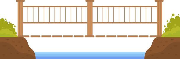 Wooden hanging bridge crossing a small river, surrounded by lush bushes and scattered rocks on each side, presented as an isolated illustration in flat cartoon style vector