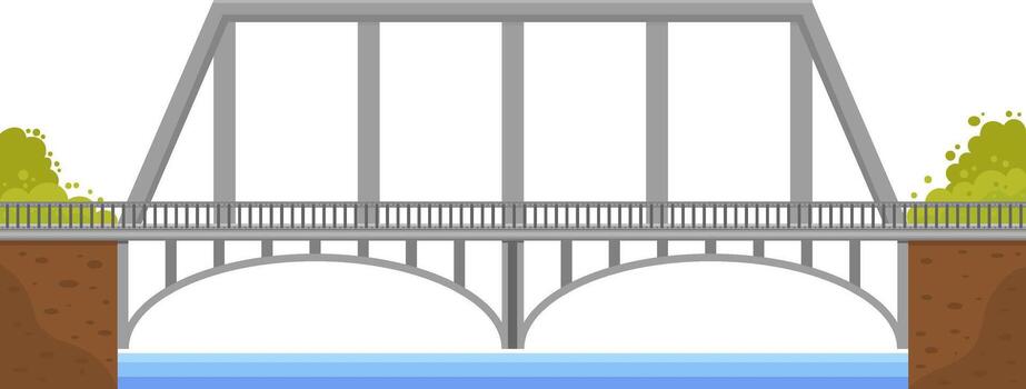 Large metal bridge with arches crossing a river with bushes on the sides and a white background, ideal for architectural and engineering projects vector
