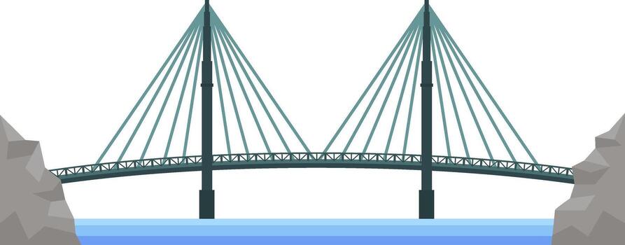 Modern cable stayed bridge with two tall pylons and strong cables supporting the roadway, connecting two rocky shores across a body of water, creating a vital transportation link vector