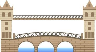 Double decker bridge with a brick base and crisscrossing metal railings, spanning a body of blue water with tall towers on each side, creating a visually appealing architectural structure vector