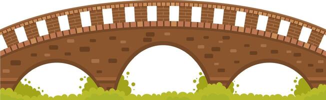 Arched brick bridge featuring small brick railings, spanning a tranquil river, surrounded by lush green vegetation on both banks, isolated against a clean white background vector