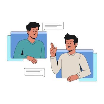 Flat Design Illustration of Two People Chatting in Speech Bubbles, Representing Online Communication and Connection vector