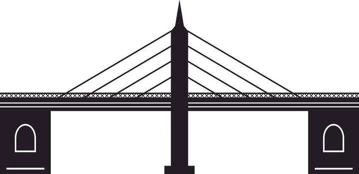 Minimalist illustration featuring a cable stayed bridge silhouette with a prominent central pylon, connecting two sides against a white background, symbolizing connection and infrastructure vector