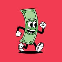 Happy Cartoon Money Bill Character Running with Wide Smile and Open Eyes on Red Background vector