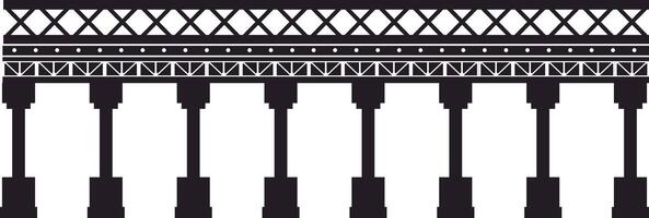 Simple black and white illustration of a long bridge structure with many pillars supporting a roadway, isolated on a white background, ideal for architectural or engineering projects vector