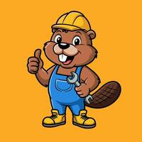 Cheerful Cartoon Beaver Handyman with Hard Hat and Wrench Giving Thumbs Up on Orange Background vector