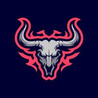 Fierce Bull Skull Mascot with Red Outline and Abstract Flames on a Dark Blue Background, Ideal for Sports or Gaming vector