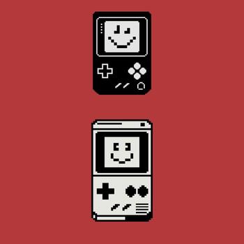 Classic Handheld Gaming Devices with Happy Pixel Faces on Screens, Retro Black and White Consoles on a Red Background vector