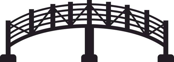 Simple black and white silhouette depicting a wooden pedestrian bridge, featuring crossbeams and posts, connecting two sides with a graceful span, embodying modern design and structure vector