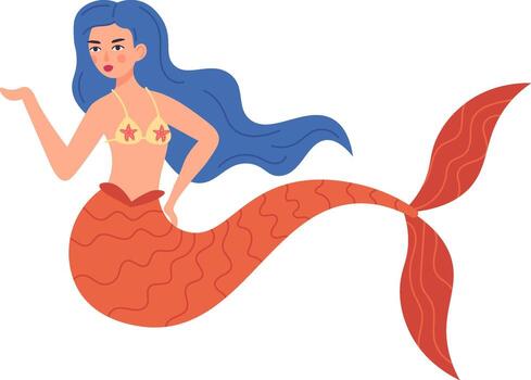 Mermaid with flowing, wavy blue hair and a shimmering seashell bra, showcasing a vibrant orange scaly tail while presenting something with an open palm and a serious expression vector