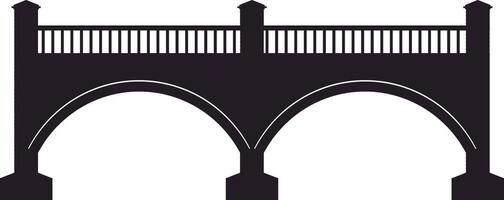 Simple black silhouette of an arched bridge with balustrade and two pillars, representing connection, infrastructure, and passage over an obstacle vector