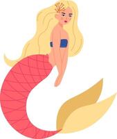 Mythical sea creature mermaid with flowing blond hair and coral decorations, gracefully swimming underwater with a vibrant pink scaled fishtail and elegant caudal fin vector