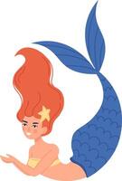 Captivating mermaid with flowing red hair adorned with starfish, displaying her blue fishtail while joyfully presenting something with her hands and radiating happiness vector