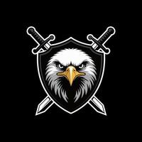 Majestic Bald Eagle Head on a Shield with Crossed Swords, Emblematic of Strength, Protection, and Freedom vector