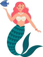 Captivating mermaid with flowing pink hair, adorned in a seashell bikini top and a pearl necklace, playfully holding a vibrant blue fish while featuring a starfish nestled in her hair vector