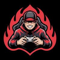 Intense Gamer Mascot with Controller and Fiery Red Background, Perfect for Esports Teams, Gaming Channels, or Online Streamers vector