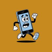 Expressive Cartoon Mobile Phone Character Running with Wide Eyes and Open Mouth on Brown Background vector