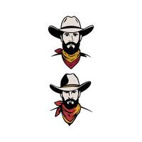 Two Cowboy Heads with Hats, Beards, and Bandanas in Beige, Red, and Yellow Colors vector