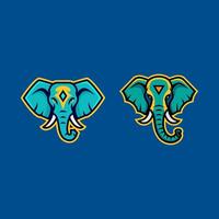 Two Stylized Blue Elephant Head Mascots with Yellow Accents, One Facing Forward and One in Profile, on a Dark Blue Background vector