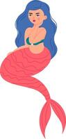 Mermaid with blue hair and pink fishtail sitting with a seashell bra and pearl necklace, a mythological aquatic creature with a woman's upper body and a fish's tail vector