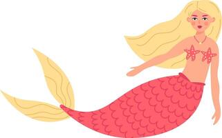 Mermaid with long blond hair, starfish bra, and pink fishtail swimming underwater in the ocean, a magical and enchanting creature of the sea vector