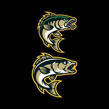 Two Dynamic and Aggressive Fish Mascot Designs in Green, Gold, and Grey with Open Mouths and Sharp Teeth vector